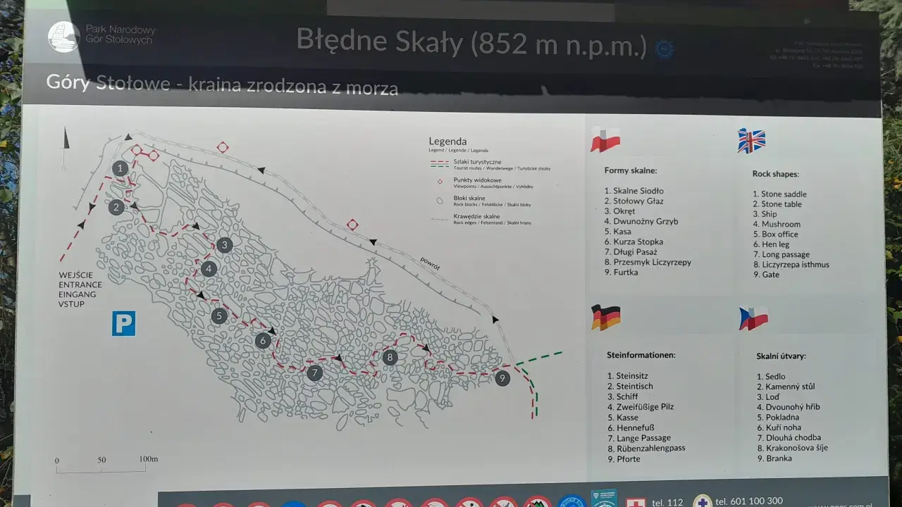 Mapa turystyczna Błędne Skały w Górach Stołowych z zaznaczoną trasą i formami skalnymi.