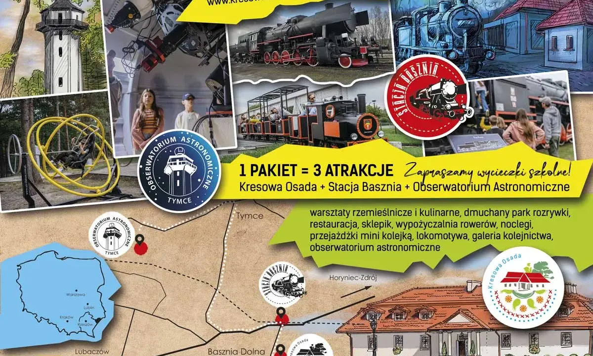 Basznia Dolna atrakcje: kolejka, lokomotywa, obserwatorium astronomiczne, warsztaty, park rozrywki. Zapraszamy na wycieczki!