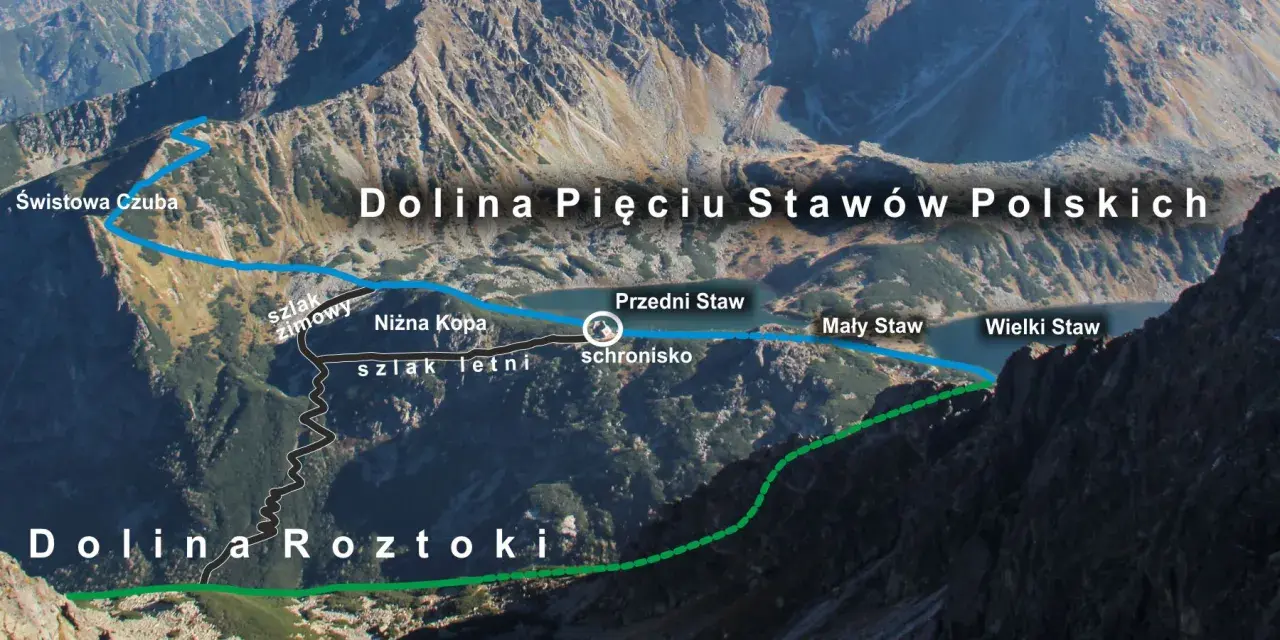 Mapa szlaków w Dolinie Pięciu Stawów Polskich. Widok z lotu ptaka na góry, jeziora i ścieżki.