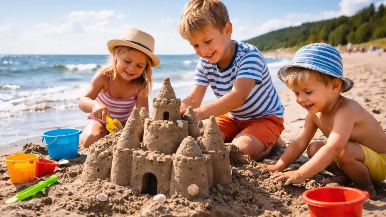 Trójka dzieci buduje zamek z piasku na plaży. Wspaniałe atrakcje dla dzieci w Łebie!