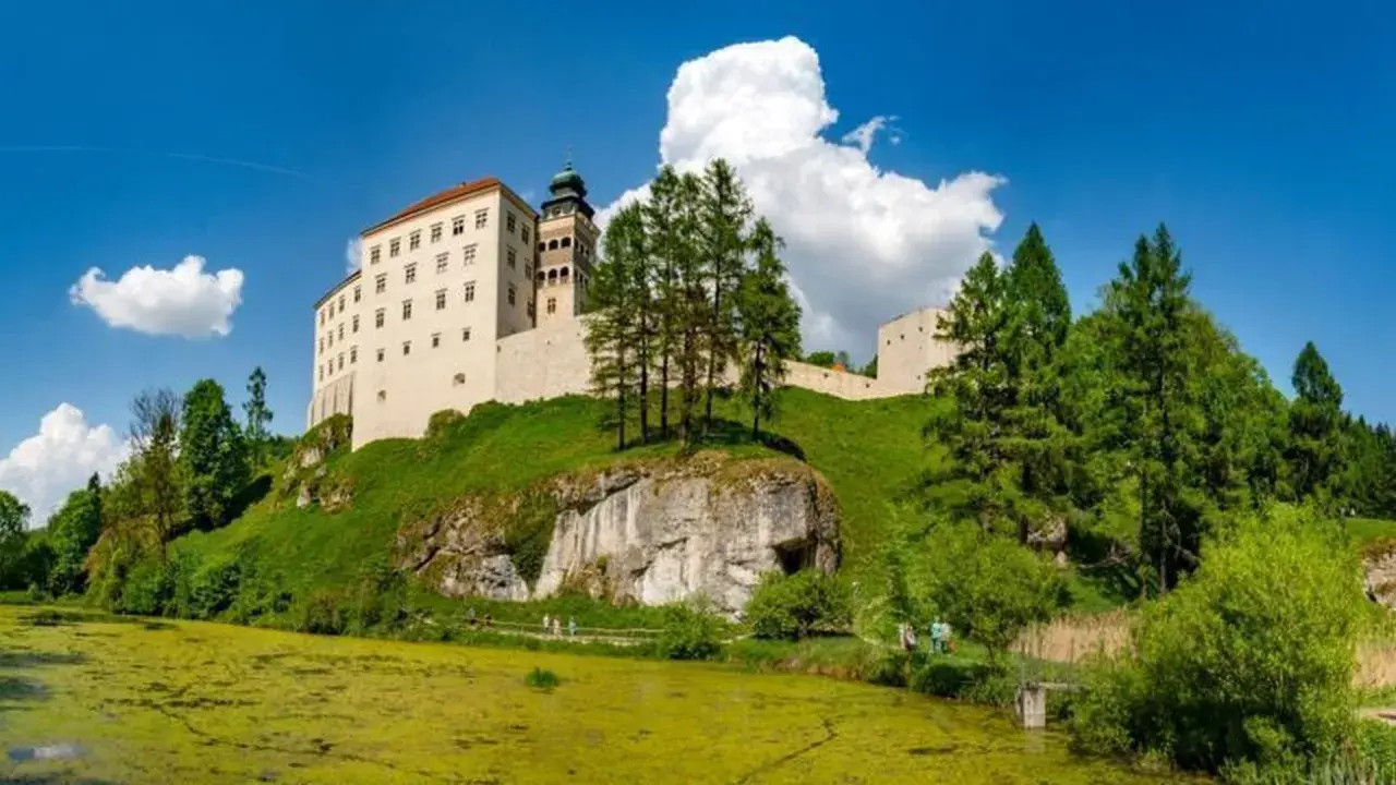 Zamek na skale, zielone wzgórza i staw – idealne miejsce, by zobaczyć, co oferuje Jura Krakowsko-Częstochowska.