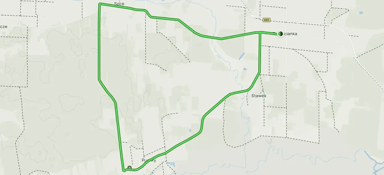 Mapa z zaznaczonym pętlą szlak otwartych okiennic, prowadzącą przez Soce, Stawki i Puszczę.