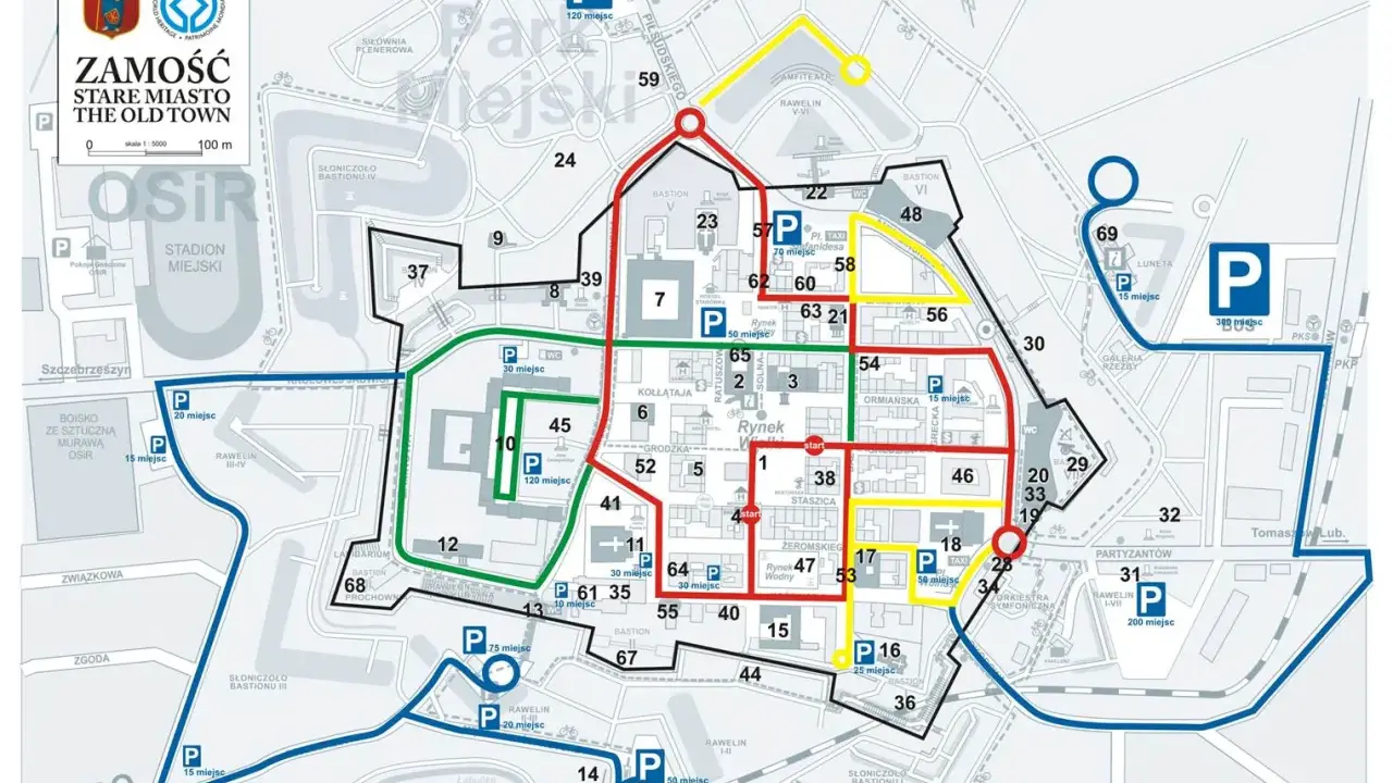 Mapa Zamościa z zaznaczonymi trasami spacerowymi i parkingami. Odkryj zamość atrakcje, zwiedzając fortyfikacje i rynek.