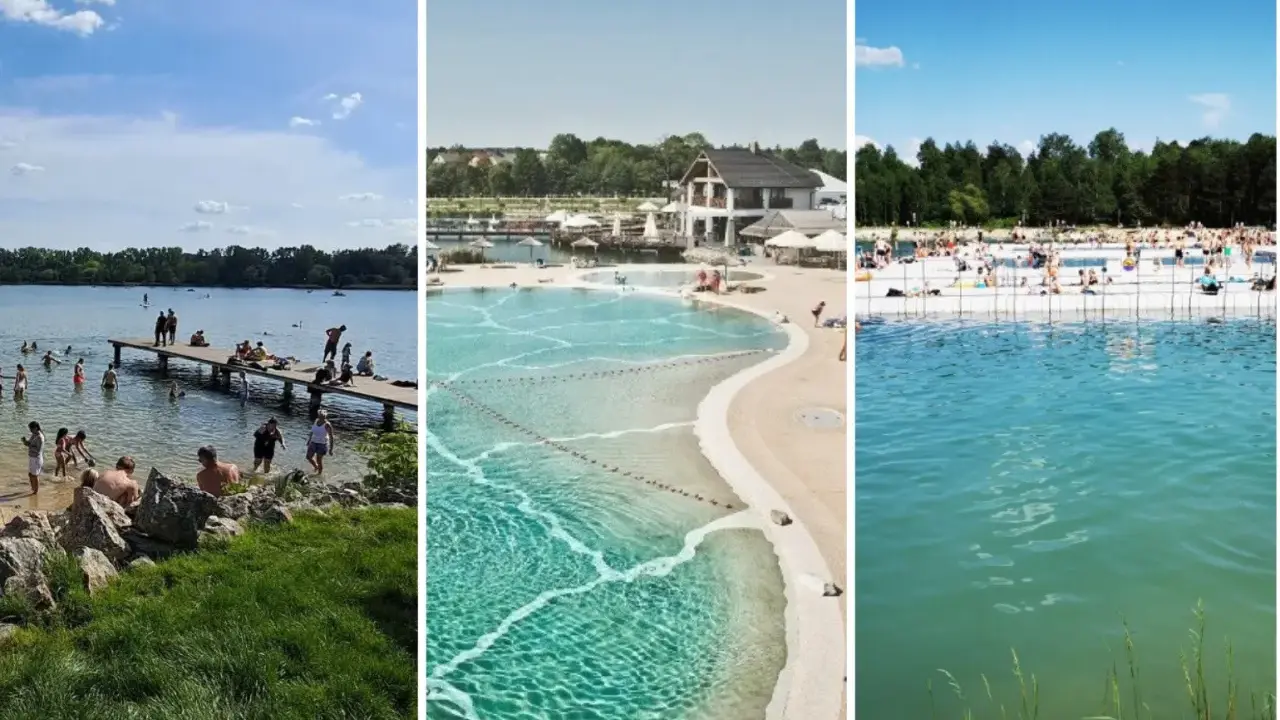 Letnie wypoczynki na kąpieliskach Małopolska: ludzie kąpią się i opalają nad jeziorem, w nowoczesnym basenie i na plaży.