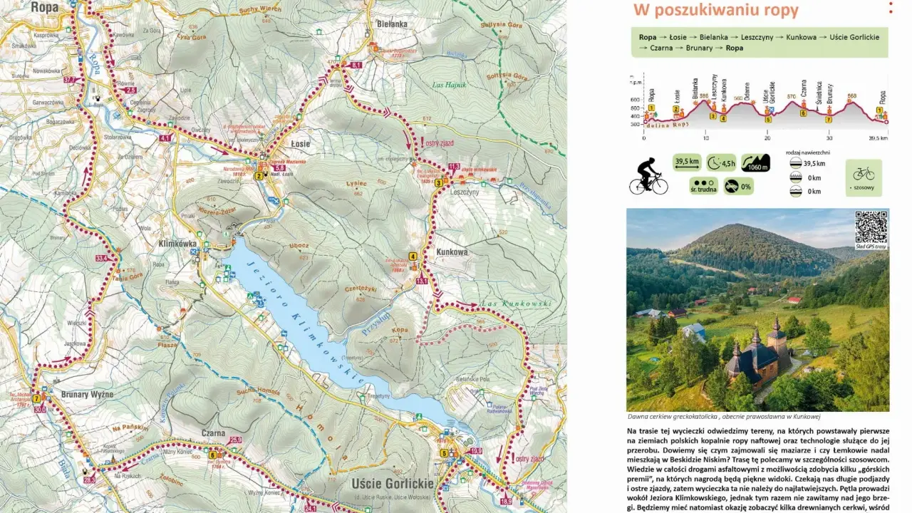 Mapa turystyczna Beskidu Niskiego z zaznaczonymi szlakami rowerowymi. Trasa 5 "W poszukiwaniu ropy" prowadzi przez malownicze tereny.