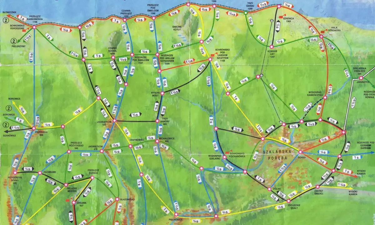 Mapa turystyczna Karkonoszy z zaznaczonymi szlakami. Widoczne są nazwy miejscowości, schronisk i przełęczy, a także oznaczenia tras.