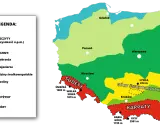Mapa Polski z zaznaczonymi regionami: pobrzeża, pojezierza, niziny, kotliny, wyżyny i góry. Widoczne Karpaty, Sudety i Góry Świętokrzyskie.