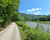 Ścieżka rowerowa wzdłuż Popradu, otoczona zielenią. Idealne miejsce na przejażdżkę velo Poprad.
