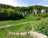Zielona dolina kobylańska z wapiennymi skałami, lasem i ludźmi odpoczywającymi na trawie. Schody prowadzą w dół.