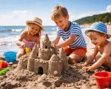 Trójka dzieci buduje zamek z piasku na plaży. Wspaniałe atrakcje dla dzieci w Łebie!