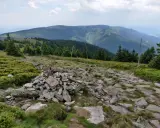 Kamienny szlak prowadzi przez zielone zbocza masywu Śnieżnika. W oddali widać kolejne pasma górskie.