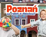 Poznań: kolorowe ręce dziecka i uśmiechnięty chłopiec zapraszają do odkrywania atrakcji dla dzieci.