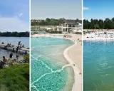 Letnie wypoczynki na kąpieliskach Małopolska: ludzie kąpią się i opalają nad jeziorem, w nowoczesnym basenie i na plaży.