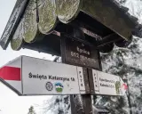 Zimowa trasa na Łysicę. Znaki PTTK wskazują drogę do Świętej Katarzyny, Łysej Góry i Kakonina.