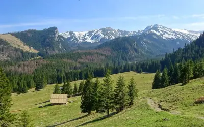 Piękne trasy Tatry. Zielone hale, lasy i ośnieżone szczyty. Drewniana chata i ścieżka zapraszają do wędrówki.