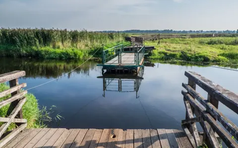 Drewniana kładka i prom na spokojnej wodzie. Biebrzański Park Narodowy atrakcje przyrodnicze zachwycają.