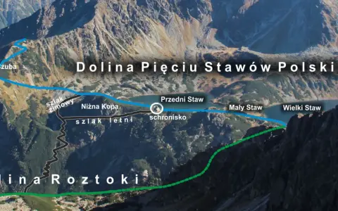Mapa szlaków w Dolinie Pięciu Stawów Polskich. Widok z lotu ptaka na góry, jeziora i ścieżki.
