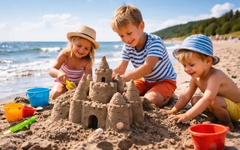 Trójka dzieci buduje zamek z piasku na plaży. Wspaniałe atrakcje dla dzieci w Łebie!