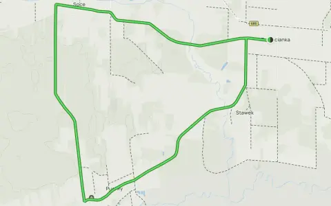 Mapa z zaznaczonym pętlą szlak otwartych okiennic, prowadzącą przez Soce, Stawki i Puszczę.