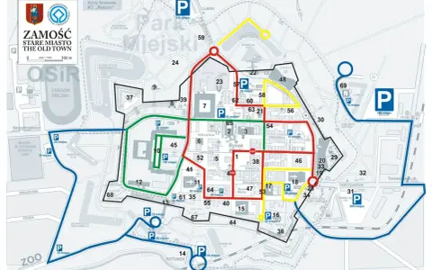 Mapa Zamościa z zaznaczonymi trasami spacerowymi i parkingami. Odkryj zamość atrakcje, zwiedzając fortyfikacje i rynek.