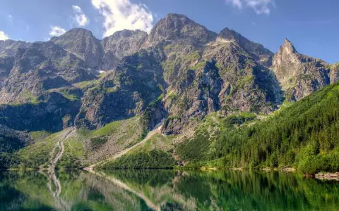 Majestatyczne Tatry, jakie są góry w Polsce, odbijają się w spokojnej tafli jeziora Morskie Oko.