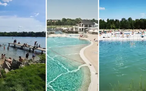 Letnie wypoczynki na kąpieliskach Małopolska: ludzie kąpią się i opalają nad jeziorem, w nowoczesnym basenie i na plaży.
