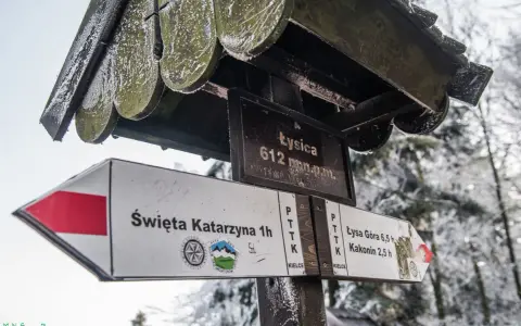 Zimowa trasa na Łysicę. Znaki PTTK wskazują drogę do Świętej Katarzyny, Łysej Góry i Kakonina.