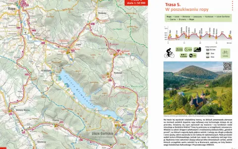 Mapa turystyczna Beskidu Niskiego z zaznaczonymi szlakami rowerowymi. Trasa 5 "W poszukiwaniu ropy" prowadzi przez malownicze tereny.