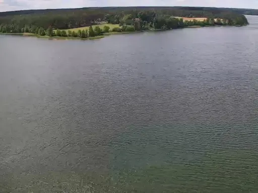 Rozległe jezioro Wdzydze otoczone lasem i zielonymi polami. Spokojna tafla wody odbija niebo.