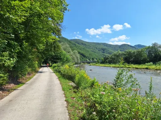 Ścieżka rowerowa wzdłuż Popradu, otoczona zielenią. Idealne miejsce na przejażdżkę velo Poprad.