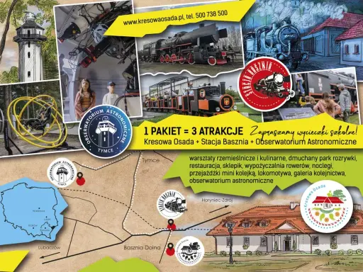 Basznia Dolna atrakcje: kolejka, lokomotywa, obserwatorium astronomiczne, warsztaty, park rozrywki. Zapraszamy na wycieczki!