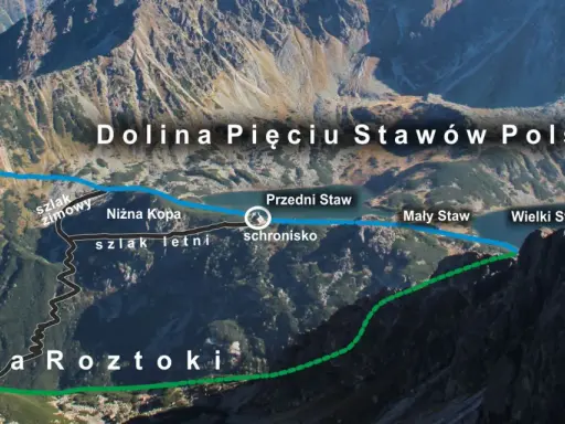 Mapa szlaków w Dolinie Pięciu Stawów Polskich. Widok z lotu ptaka na góry, jeziora i ścieżki.