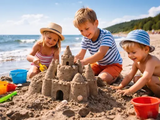Trójka dzieci buduje zamek z piasku na plaży. Wspaniałe atrakcje dla dzieci w Łebie!