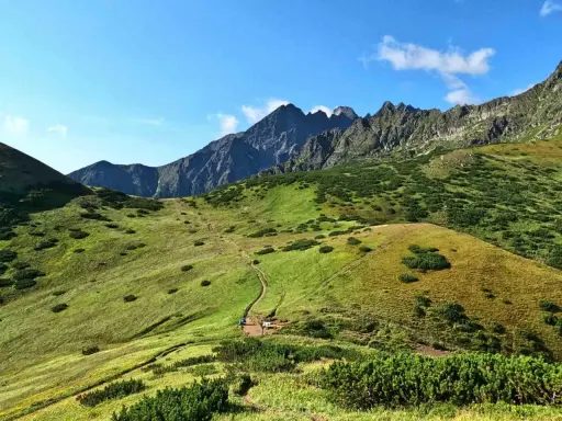 Malownicze Tatry Bielskie z krętą ścieżką wijącą się po zielonych zboczach. W oddali skaliste szczyty.