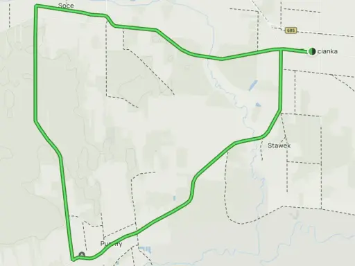 Mapa z zaznaczonym pętlą szlak otwartych okiennic, prowadzącą przez Soce, Stawki i Puszczę.