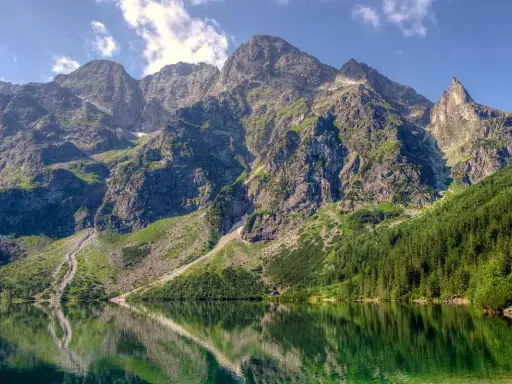 Majestatyczne Tatry, jakie są góry w Polsce, odbijają się w spokojnej tafli jeziora Morskie Oko.