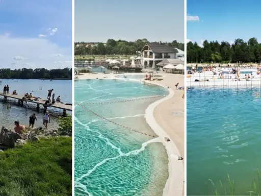 Letnie wypoczynki na kąpieliskach Małopolska: ludzie kąpią się i opalają nad jeziorem, w nowoczesnym basenie i na plaży.