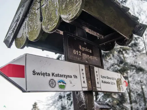 Zimowa trasa na Łysicę. Znaki PTTK wskazują drogę do Świętej Katarzyny, Łysej Góry i Kakonina.
