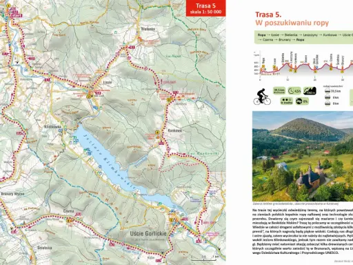 Mapa turystyczna Beskidu Niskiego z zaznaczonymi szlakami rowerowymi. Trasa 5 "W poszukiwaniu ropy" prowadzi przez malownicze tereny.