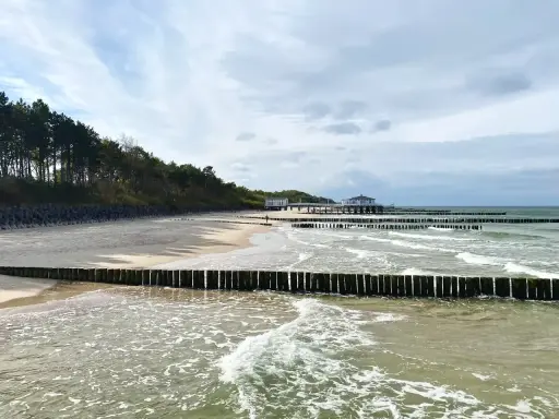 Plaża z drewnianymi falochronami i budynkami nad morzem, przypominająca najcieplejsze regiony Polski.