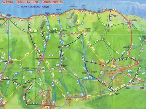 Mapa turystyczna Karkonoszy z zaznaczonymi szlakami. Widoczne są nazwy miejscowości, schronisk i przełęczy, a także oznaczenia tras.