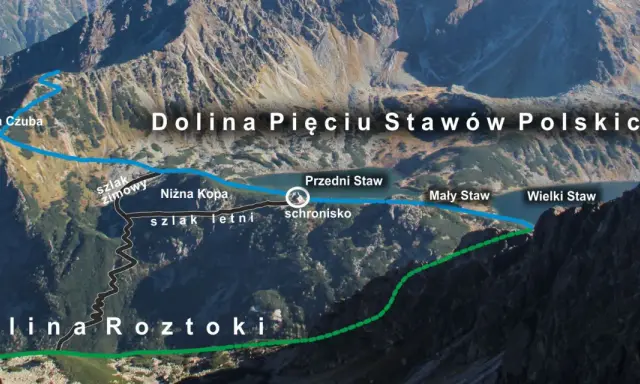 Mapa szlaków w Dolinie Pięciu Stawów Polskich. Widok z lotu ptaka na góry, jeziora i ścieżki.