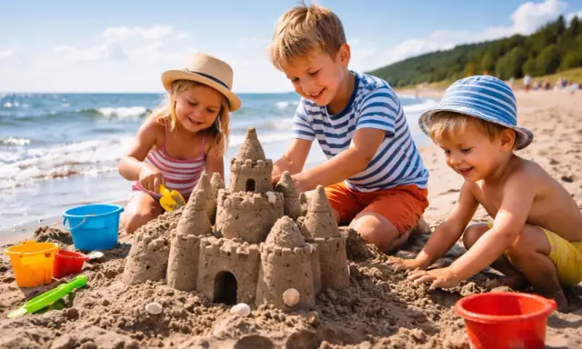 Trójka dzieci buduje zamek z piasku na plaży. Wspaniałe atrakcje dla dzieci w Łebie!