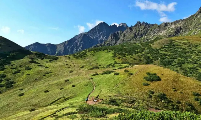 Malownicze Tatry Bielskie z krętą ścieżką wijącą się po zielonych zboczach. W oddali skaliste szczyty.