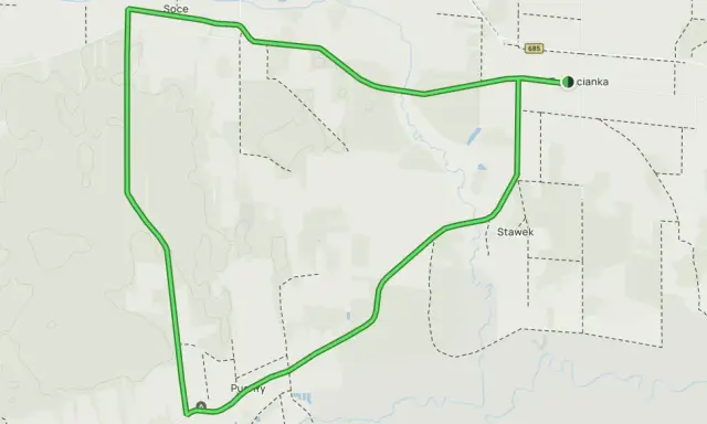 Mapa z zaznaczonym pętlą szlak otwartych okiennic, prowadzącą przez Soce, Stawki i Puszczę.