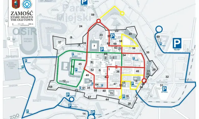 Mapa Zamościa z zaznaczonymi trasami spacerowymi i parkingami. Odkryj zamość atrakcje, zwiedzając fortyfikacje i rynek.
