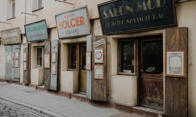 Urokliwe szyldy sklepów w Kazimierzu w Krakowie: "Salon Mód", "Holcer Stolorz", "Stanisław Nowak Sklep Spożywczy" i inne.
