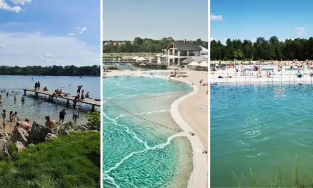 Letnie wypoczynki na kąpieliskach Małopolska: ludzie kąpią się i opalają nad jeziorem, w nowoczesnym basenie i na plaży.