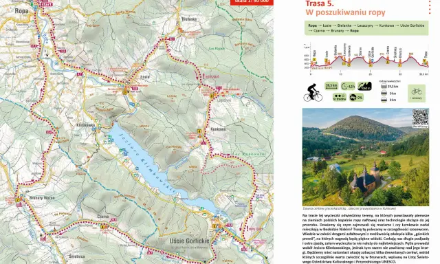 Mapa turystyczna Beskidu Niskiego z zaznaczonymi szlakami rowerowymi. Trasa 5 "W poszukiwaniu ropy" prowadzi przez malownicze tereny.