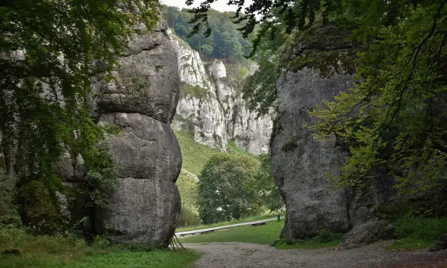 Wąwóz w Ojcowie, zdominowany przez potężne skały wapienne. Ścieżka prowadzi przez zieloną dolinę, a w oddali widać strome zbocza.